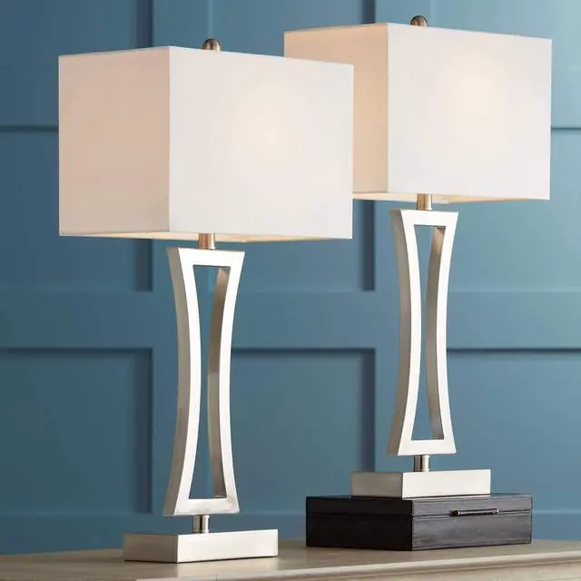 Main image of 360 Lighting Roxie Modern Table Lamps 31" Tall Set of 2 Brushed Nickel Silver Metal Off White Fabric Rectangular Shade for Bedroom Living Room House Bedside Nightstand Home Office Entryway