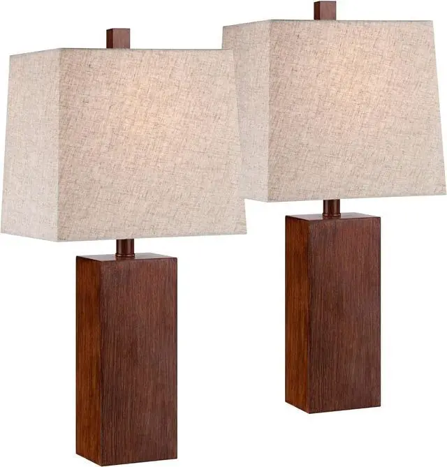 Main image of 360 Lighting Darryl Modern Accent Table Lamps 23" Tall Set of 2 Faux Wood Rectangular Block Brown Tan Fabric Shade for Bedroom Living Room House Home Bedside Nightstand Office Entryway Kids