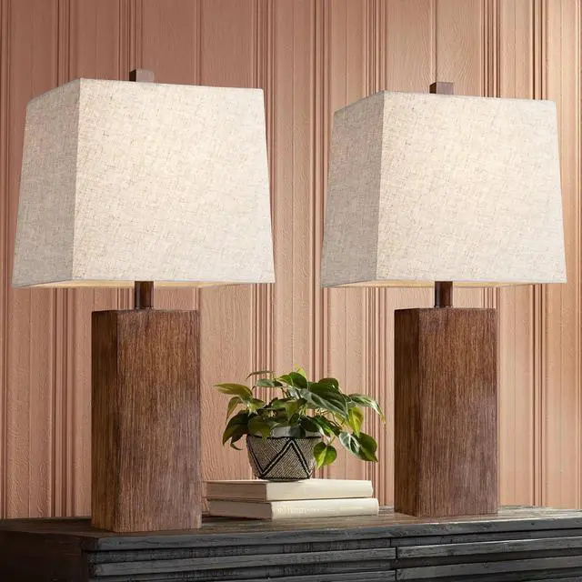 Alt view image 2 of 6 - 360 Lighting Darryl Modern Accent Table Lamps 23" Tall Set of 2 Faux Wood Rectangular Block Brown Tan Fabric Shade for Bedroom Living Room House Home Bedside Nightstand Office Entryway Kids