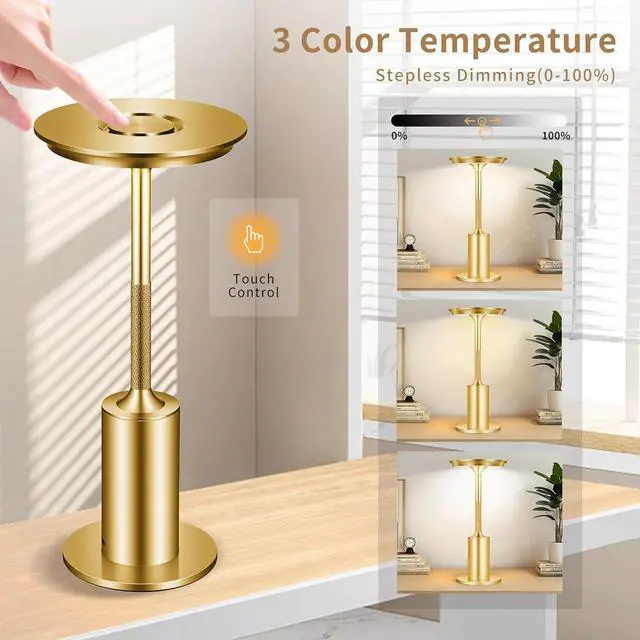 Alt view image 2 of 7 - Rechargeable Cordless Table Lamps Set of 2, 6000mAh Battery Operated Outdoor Table Lamp, 3 Color Stepless Dimming Portable Touch Light for Patio,Bars,Bedroom,Dinner, Restaurant (Gold)