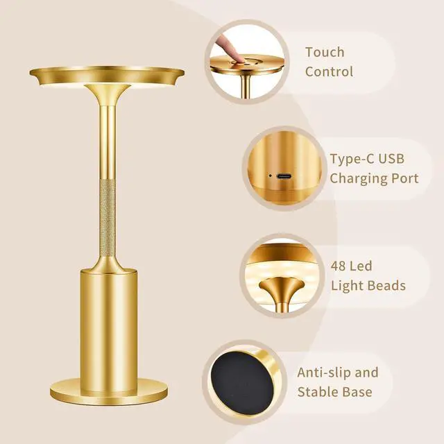 Alt view image 7 of 7 - Rechargeable Cordless Table Lamps Set of 2, 6000mAh Battery Operated Outdoor Table Lamp, 3 Color Stepless Dimming Portable Touch Light for Patio,Bars,Bedroom,Dinner, Restaurant (Gold)