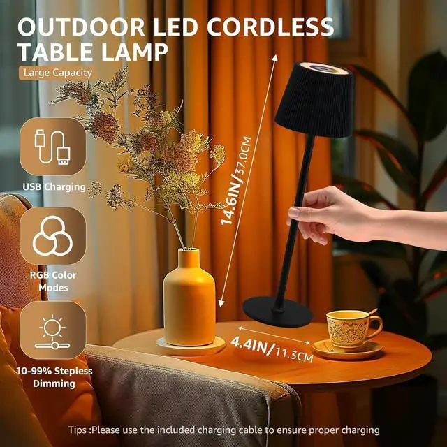 Alt view image 3 of 7 - uuffoo Cordless Table Lamps Rechargeable Set of 2, Outdoor Table Lamp with RGB Color Stepless Dimming, Battery Operated Desk Night Light for Patio, Restaurant,Bedroom