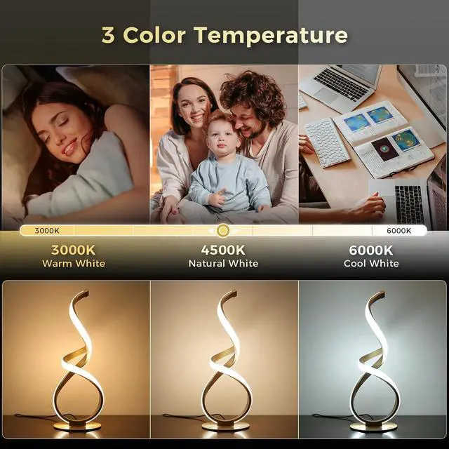 Alt view image 2 of 7 - Bedside Table Lamp, LED Touch Dimmable Spiral Desk Lamp for Night Stands, 3 Color Temperature Modern Nightstand Light, Unique Side Light for Living Room, Bedroom, Gold