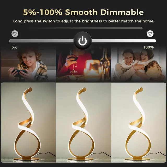 Alt view image 3 of 7 - Bedside Table Lamp, LED Touch Dimmable Spiral Desk Lamp for Night Stands, 3 Color Temperature Modern Nightstand Light, Unique Side Light for Living Room, Bedroom, Gold