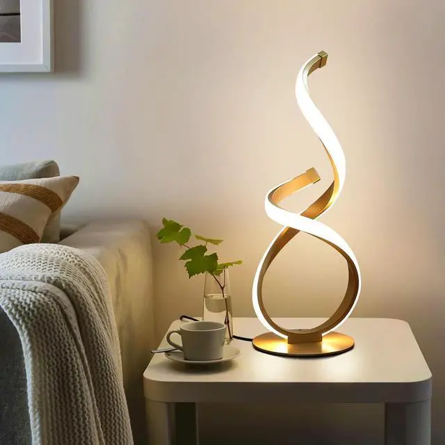 Alt view image 6 of 7 - Bedside Table Lamp, LED Touch Dimmable Spiral Desk Lamp for Night Stands, 3 Color Temperature Modern Nightstand Light, Unique Side Light for Living Room, Bedroom, Gold