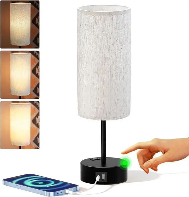 Main image of KPQ Small Bedside Lamp Touch Control Table Lamp with USB A+C Charging Ports & AC Outlet 3-Way Dimmable Nightstand Lamp with Linen Fabric Shade for Bedroom Living Room