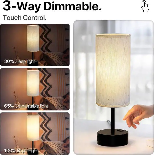 Alt view image 2 of 6 - KPQ Small Bedside Lamp Touch Control Table Lamp with USB A+C Charging Ports & AC Outlet 3-Way Dimmable Nightstand Lamp with Linen Fabric Shade for Bedroom Living Room