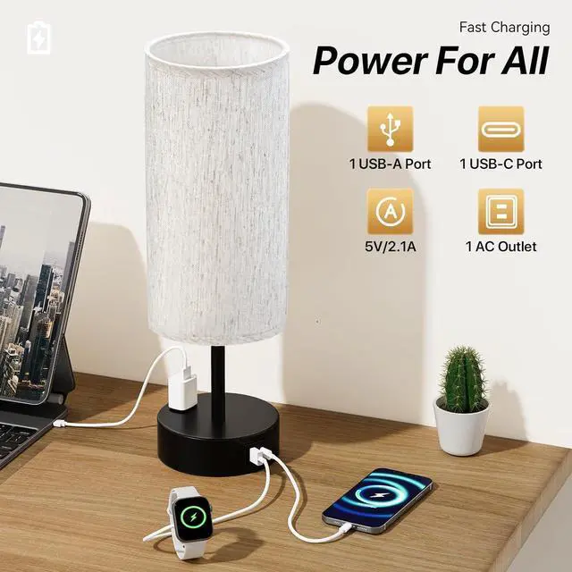 Alt view image 3 of 6 - KPQ Small Bedside Lamp Touch Control Table Lamp with USB A+C Charging Ports & AC Outlet 3-Way Dimmable Nightstand Lamp with Linen Fabric Shade for Bedroom Living Room