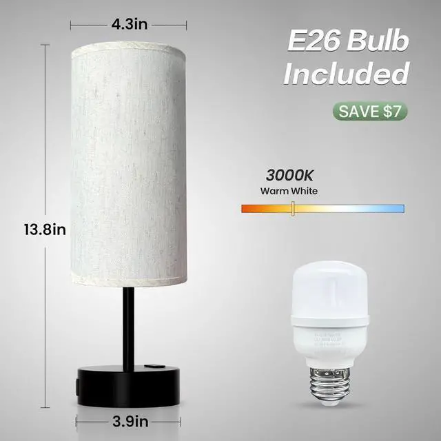 Alt view image 6 of 6 - KPQ Small Bedside Lamp Touch Control Table Lamp with USB A+C Charging Ports & AC Outlet 3-Way Dimmable Nightstand Lamp with Linen Fabric Shade for Bedroom Living Room