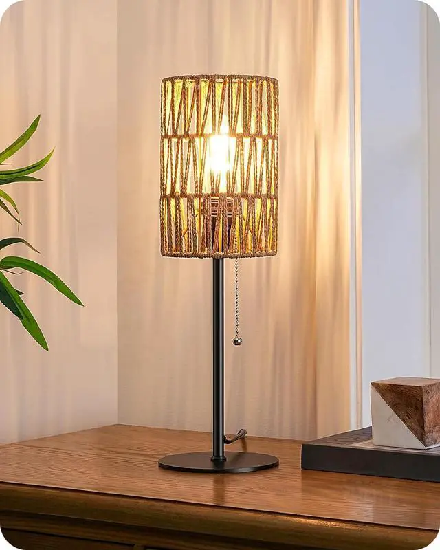 Main image of EDISHINE 19.1" Rattan Table Lamp, Tall Bedside Lamp with W-Knit Lampshade, Pull-Chain Switch & E26 Socket, Metal Base Boho Nightstand Lamp for Bedroom, Living Room, Office