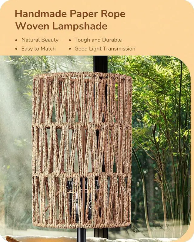 Alt view image 2 of 7 - EDISHINE 19.1" Rattan Table Lamp, Tall Bedside Lamp with W-Knit Lampshade, Pull-Chain Switch & E26 Socket, Metal Base Boho Nightstand Lamp for Bedroom, Living Room, Office