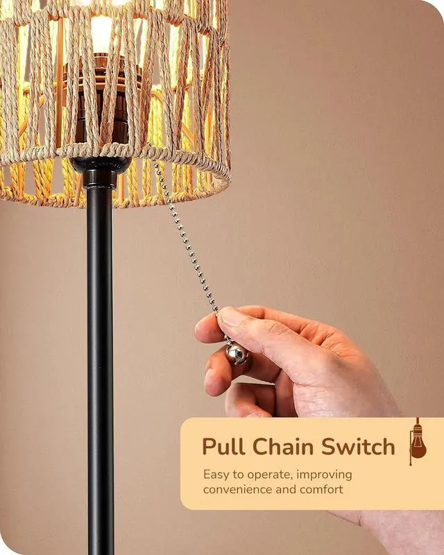 Alt view image 3 of 7 - EDISHINE 19.1" Rattan Table Lamp, Tall Bedside Lamp with W-Knit Lampshade, Pull-Chain Switch & E26 Socket, Metal Base Boho Nightstand Lamp for Bedroom, Living Room, Office