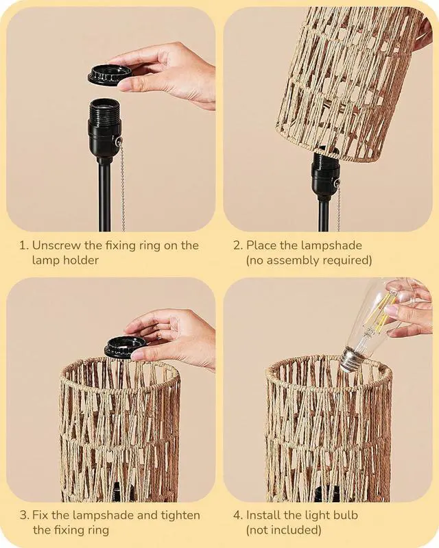 Alt view image 4 of 7 - EDISHINE 19.1" Rattan Table Lamp, Tall Bedside Lamp with W-Knit Lampshade, Pull-Chain Switch & E26 Socket, Metal Base Boho Nightstand Lamp for Bedroom, Living Room, Office