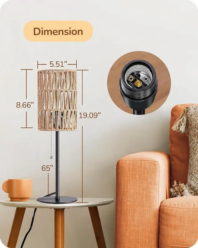 Alt view image 5 of 7 - EDISHINE 19.1" Rattan Table Lamp, Tall Bedside Lamp with W-Knit Lampshade, Pull-Chain Switch & E26 Socket, Metal Base Boho Nightstand Lamp for Bedroom, Living Room, Office