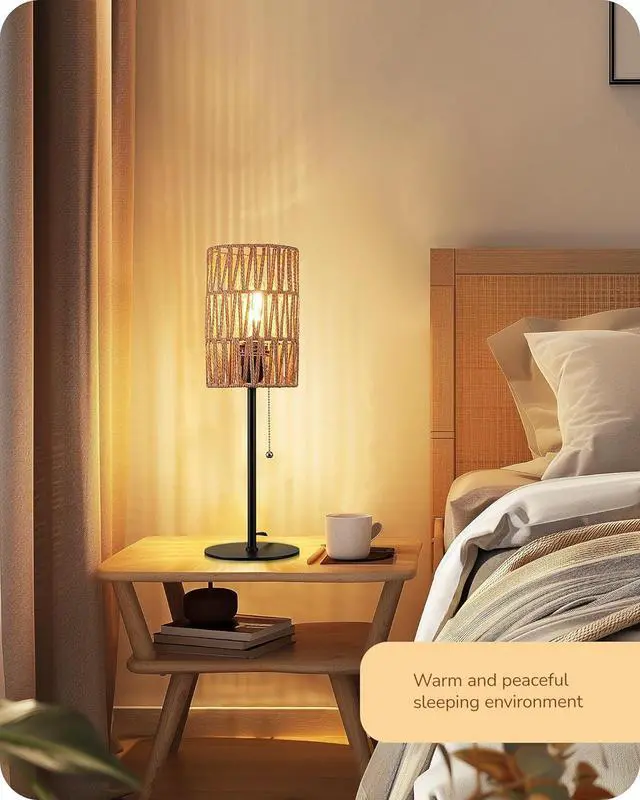 Alt view image 6 of 7 - EDISHINE 19.1" Rattan Table Lamp, Tall Bedside Lamp with W-Knit Lampshade, Pull-Chain Switch & E26 Socket, Metal Base Boho Nightstand Lamp for Bedroom, Living Room, Office