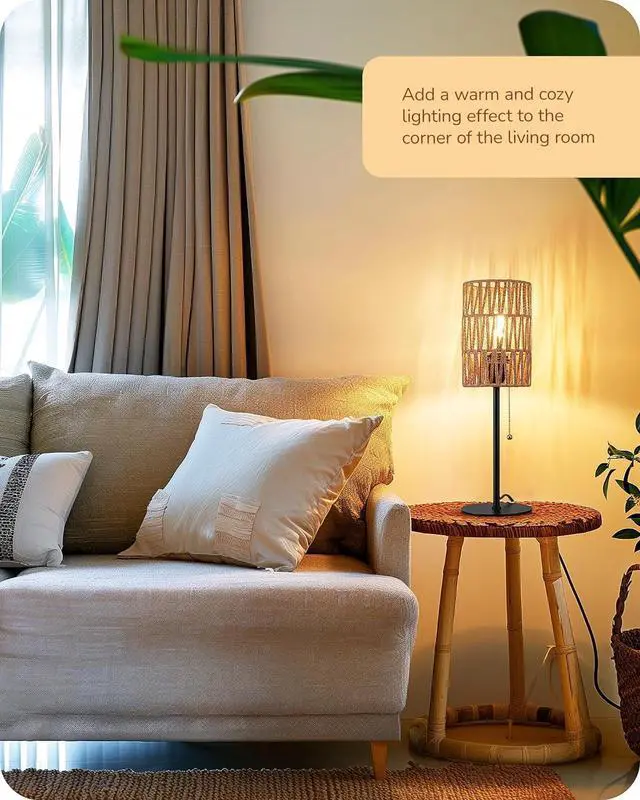 Alt view image 7 of 7 - EDISHINE 19.1" Rattan Table Lamp, Tall Bedside Lamp with W-Knit Lampshade, Pull-Chain Switch & E26 Socket, Metal Base Boho Nightstand Lamp for Bedroom, Living Room, Office