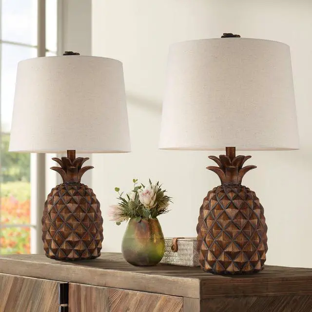 Main image of Regency Hill Paget 23 3/4" High Pineapple Small Coastal Tropical Accent Table Lamps Set of 2 Brown Living Room Bedroom Bedside Nightstand House Office Home Reading Fabric Oatmeal Shade