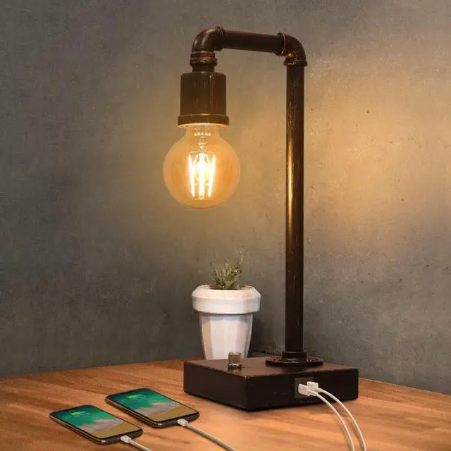 Main image of Industrial Table Lamp, Vintage Bedside Lamp with USB C and USB A Charging Ports, Dimmable Steampunk Office Lamp Metal Pipe Edison Reading Lamps for Bedroom, Dorm, Farmhouse Decor 6W LED Bulb Included