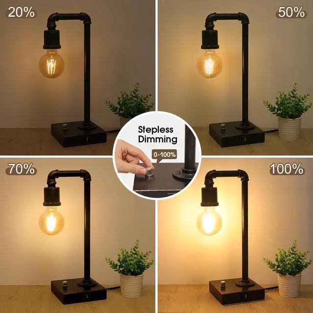 Alt view image 2 of 7 - Industrial Table Lamp, Vintage Bedside Lamp with USB C and USB A Charging Ports, Dimmable Steampunk Office Lamp Metal Pipe Edison Reading Lamps for Bedroom, Dorm, Farmhouse Decor 6W LED Bulb Included