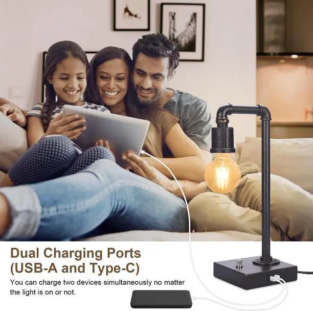 Alt view image 3 of 7 - Industrial Table Lamp, Vintage Bedside Lamp with USB C and USB A Charging Ports, Dimmable Steampunk Office Lamp Metal Pipe Edison Reading Lamps for Bedroom, Dorm, Farmhouse Decor 6W LED Bulb Included