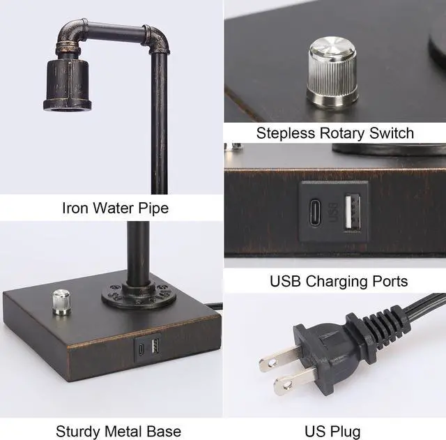Alt view image 4 of 7 - Industrial Table Lamp, Vintage Bedside Lamp with USB C and USB A Charging Ports, Dimmable Steampunk Office Lamp Metal Pipe Edison Reading Lamps for Bedroom, Dorm, Farmhouse Decor 6W LED Bulb Included