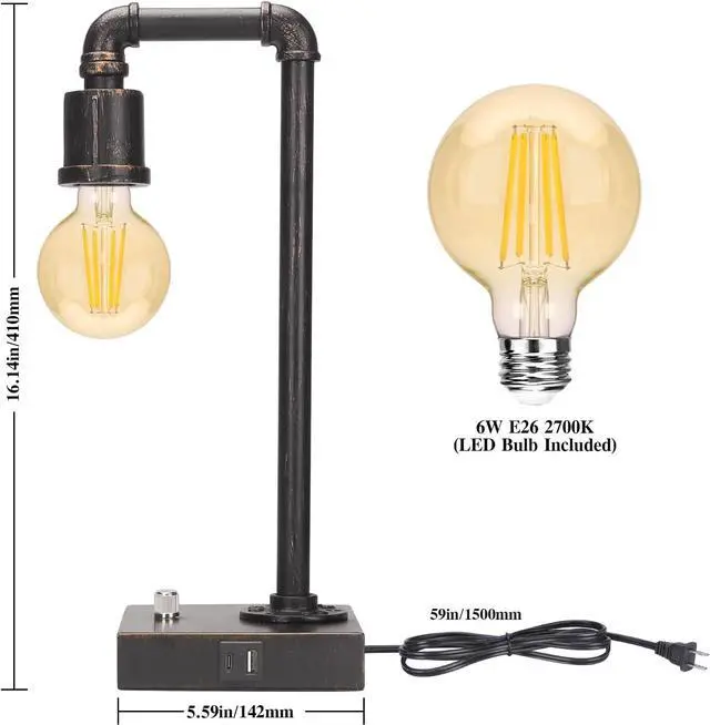 Alt view image 5 of 7 - Industrial Table Lamp, Vintage Bedside Lamp with USB C and USB A Charging Ports, Dimmable Steampunk Office Lamp Metal Pipe Edison Reading Lamps for Bedroom, Dorm, Farmhouse Decor 6W LED Bulb Included
