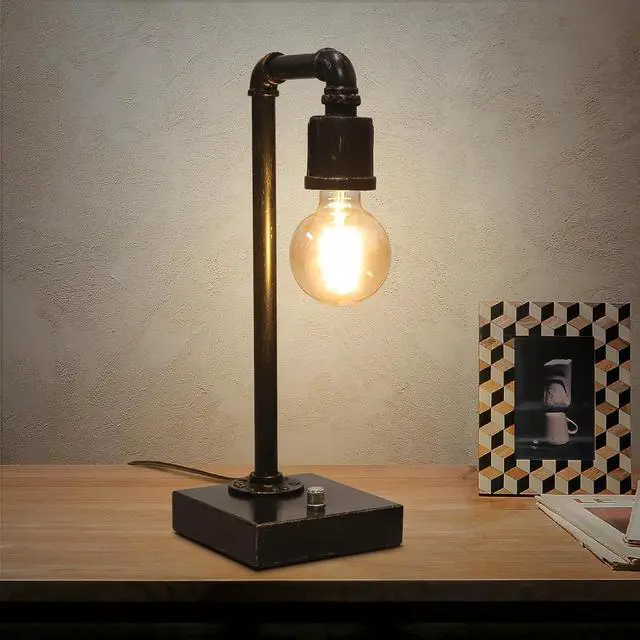Alt view image 7 of 7 - Industrial Table Lamp, Vintage Bedside Lamp with USB C and USB A Charging Ports, Dimmable Steampunk Office Lamp Metal Pipe Edison Reading Lamps for Bedroom, Dorm, Farmhouse Decor 6W LED Bulb Included
