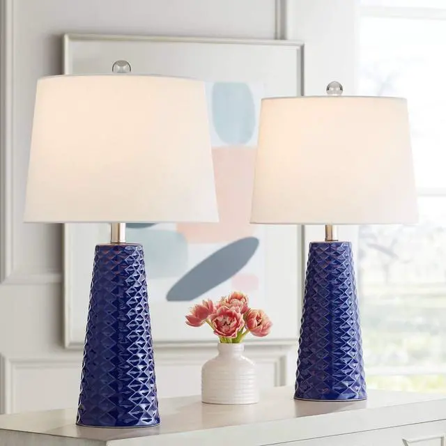 Main image of 360 Lighting Ricky Modern Table Lamps 24" Tall Set of 2 Deep Blue Triangle Textured Ceramic White Fabric Tapered Drum Shade for Bedroom Living Room House Home Bedside Nightstand Family