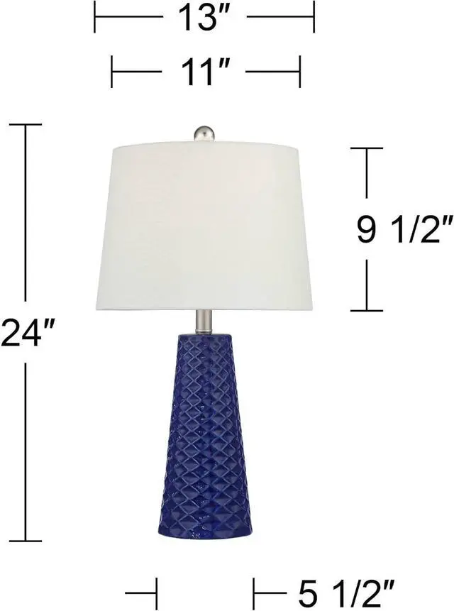Alt view image 4 of 7 - 360 Lighting Ricky Modern Table Lamps 24" Tall Set of 2 Deep Blue Triangle Textured Ceramic White Fabric Tapered Drum Shade for Bedroom Living Room House Home Bedside Nightstand Family