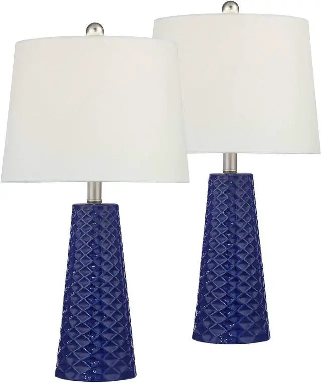 Alt view image 2 of 7 - 360 Lighting Ricky Modern Table Lamps 24" Tall Set of 2 Deep Blue Triangle Textured Ceramic White Fabric Tapered Drum Shade for Bedroom Living Room House Home Bedside Nightstand Family