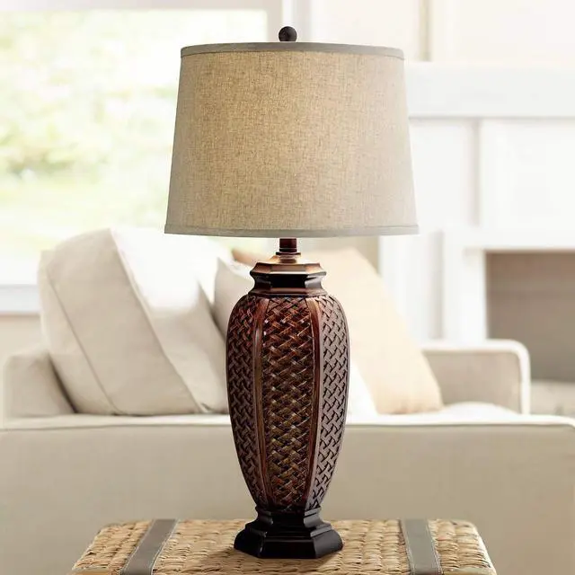 Alt view image 2 of 7 - Regency Hill Country Cottage Tropical Natural Table Lamp 29" Tall Brown Woven Wicker Pattern Beige Linen Drum Shade Decor for Living Room Bedroom House Home Dining Office Reading Entryway