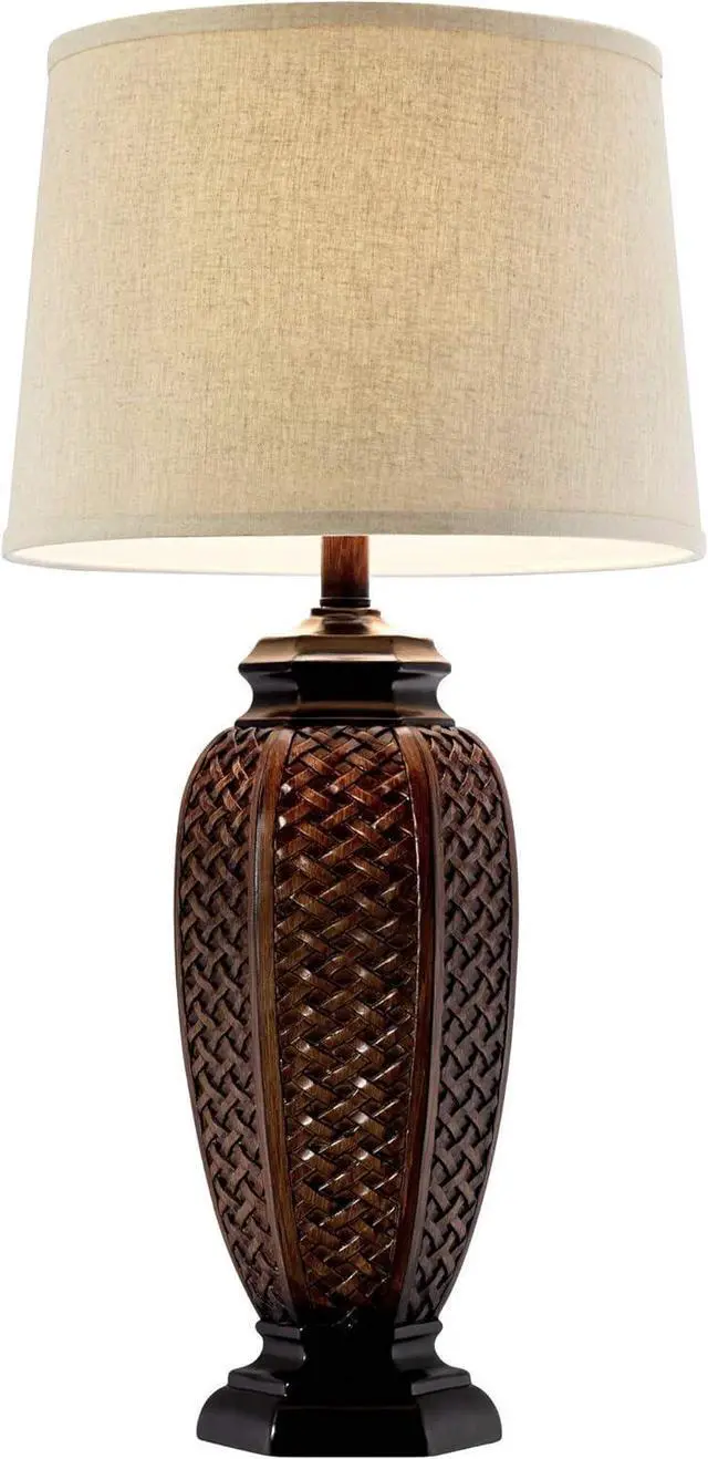 Alt view image 6 of 7 - Regency Hill Country Cottage Tropical Natural Table Lamp 29" Tall Brown Woven Wicker Pattern Beige Linen Drum Shade Decor for Living Room Bedroom House Home Dining Office Reading Entryway