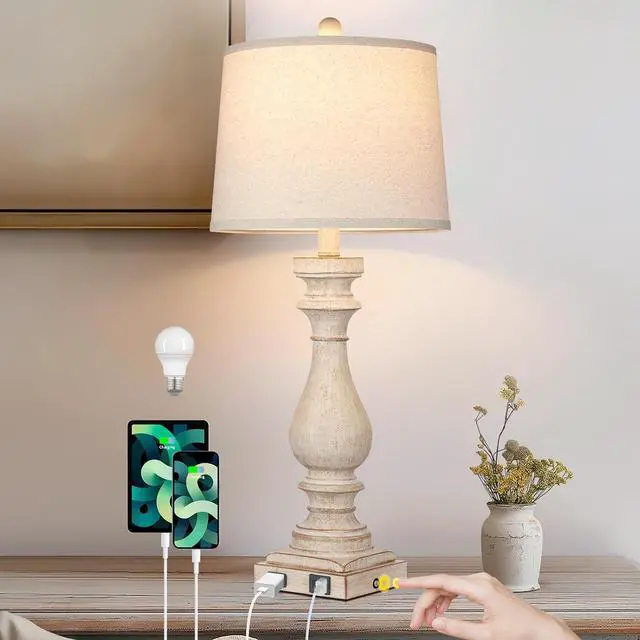 Main image of 27.5" Tall Farmhouse Lamp,Vintage Bedside Nightstand Lamps with USB Charging Ports A/C,3-Way Dimmable Touch Control Retro Lamp for Bedroom Living Room,Single Beige