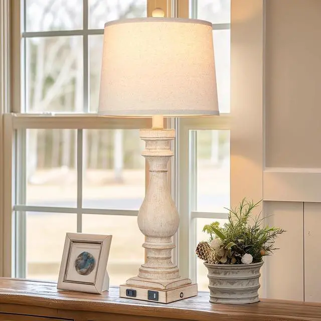 Alt view image 2 of 7 - 27.5" Tall Farmhouse Lamp,Vintage Bedside Nightstand Lamps with USB Charging Ports A/C,3-Way Dimmable Touch Control Retro Lamp for Bedroom Living Room,Single Beige