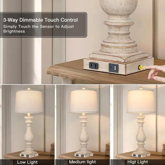 Alt view image 3 of 7 - 27.5" Tall Farmhouse Lamp,Vintage Bedside Nightstand Lamps with USB Charging Ports A/C,3-Way Dimmable Touch Control Retro Lamp for Bedroom Living Room,Single Beige