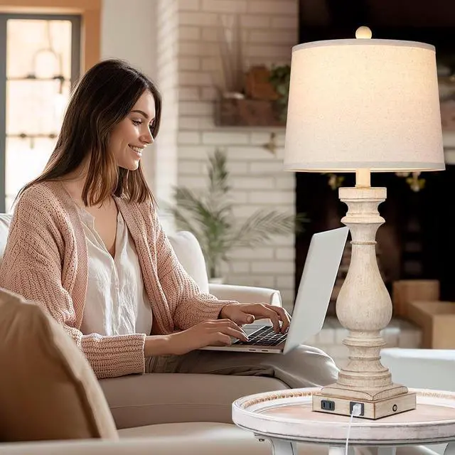 Alt view image 4 of 7 - 27.5" Tall Farmhouse Lamp,Vintage Bedside Nightstand Lamps with USB Charging Ports A/C,3-Way Dimmable Touch Control Retro Lamp for Bedroom Living Room,Single Beige