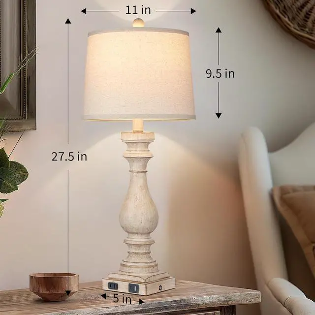 Alt view image 5 of 7 - 27.5" Tall Farmhouse Lamp,Vintage Bedside Nightstand Lamps with USB Charging Ports A/C,3-Way Dimmable Touch Control Retro Lamp for Bedroom Living Room,Single Beige