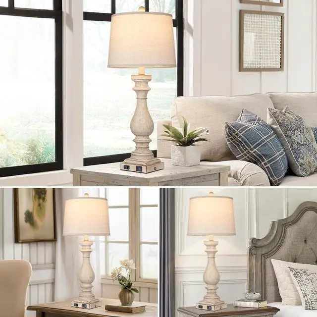 Alt view image 6 of 7 - 27.5" Tall Farmhouse Lamp,Vintage Bedside Nightstand Lamps with USB Charging Ports A/C,3-Way Dimmable Touch Control Retro Lamp for Bedroom Living Room,Single Beige