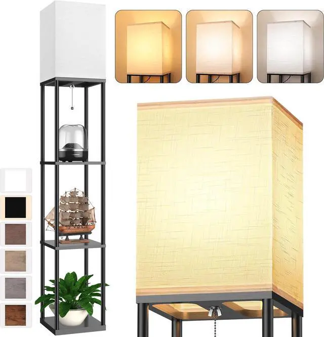 Main image of Floor Lamp with Shelves for Living Room, Shelf Floor Lamp with 3 CCT LED Bulb, Corner Display Standing Column Lamp Etagere Organizer Tower Nightstand with White Linen Shade for Bedroom, Office