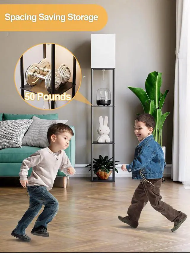 Alt view image 5 of 7 - Floor Lamp with Shelves for Living Room 2 Pack, Shelf Floor Lamp with 3 CCT LED Bulb, Corner Display Standing Column Lamp Etagere Organizer Tower Nightstand with White Linen Shade for Bedroom, Office