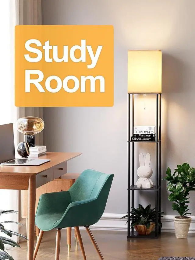 Alt view image 7 of 7 - Floor Lamp with Shelves for Living Room, Shelf Floor Lamp with 3 CCT LED Bulb, Corner Display Standing Column Lamp Etagere Organizer Tower Nightstand with White Linen Shade for Bedroom, Office