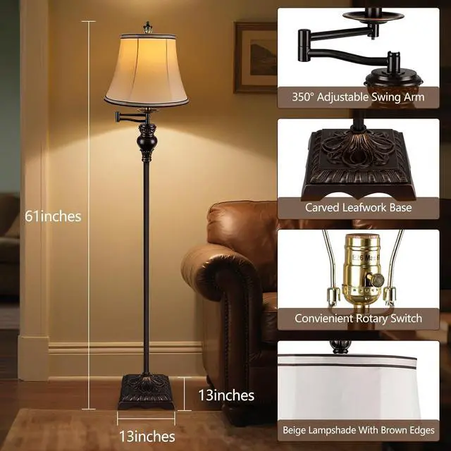 Alt view image 2 of 7 - PARTPHONER Vintage Floor Lamps for Living Room,Traditional 350° Adjustable Swing Arm Farmhouse Floor Lamp for Bedroom, Rustic Standing Lamp Pole Lamps for Reading, Home Décor and Office, Brown