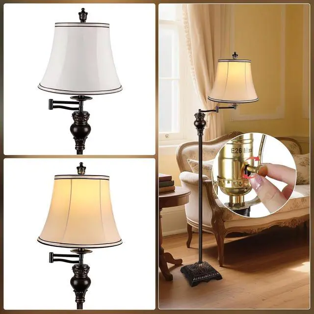 Alt view image 3 of 7 - PARTPHONER Vintage Floor Lamps for Living Room,Traditional 350° Adjustable Swing Arm Farmhouse Floor Lamp for Bedroom, Rustic Standing Lamp Pole Lamps for Reading, Home Décor and Office, Brown