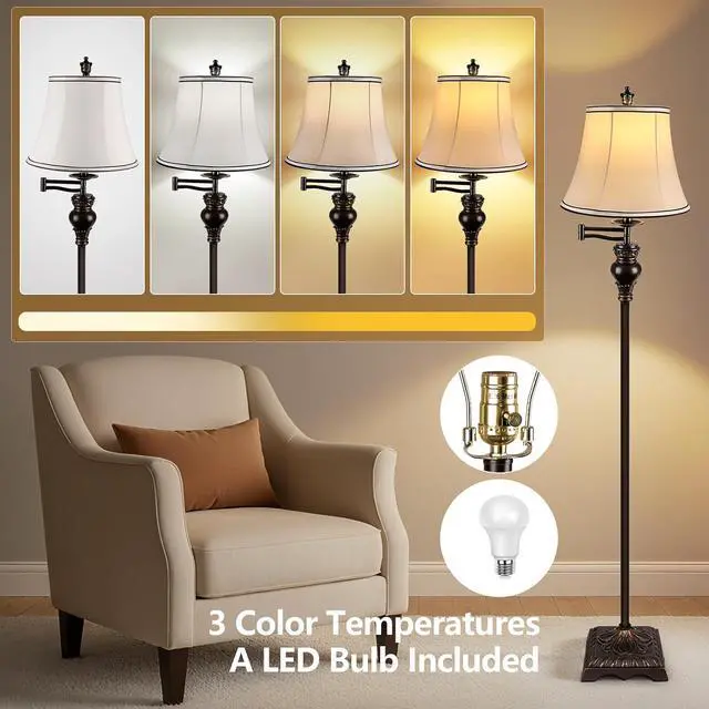 Alt view image 4 of 7 - PARTPHONER Vintage Floor Lamps for Living Room,Traditional 350° Adjustable Swing Arm Farmhouse Floor Lamp for Bedroom, Rustic Standing Lamp Pole Lamps for Reading, Home Décor and Office, Brown