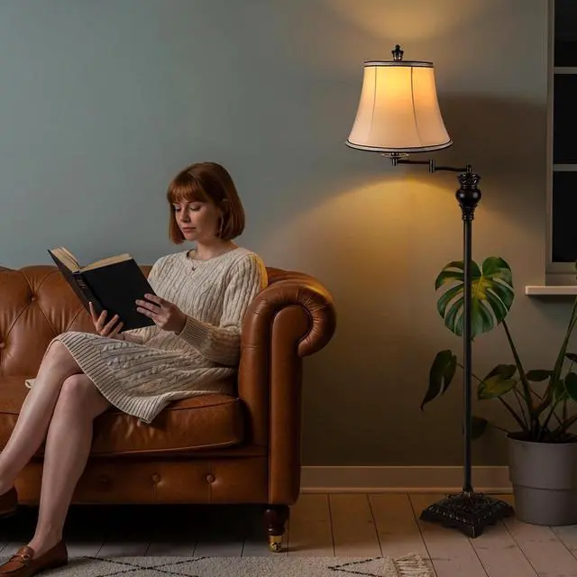 Alt view image 5 of 7 - PARTPHONER Vintage Floor Lamps for Living Room,Traditional 350° Adjustable Swing Arm Farmhouse Floor Lamp for Bedroom, Rustic Standing Lamp Pole Lamps for Reading, Home Décor and Office, Brown