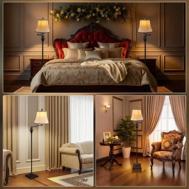 Alt view image 6 of 7 - PARTPHONER Vintage Floor Lamps for Living Room,Traditional 350° Adjustable Swing Arm Farmhouse Floor Lamp for Bedroom, Rustic Standing Lamp Pole Lamps for Reading, Home Décor and Office, Brown