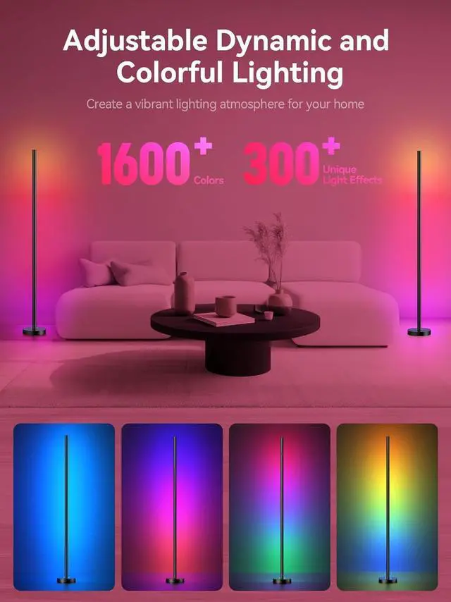 Alt view image 2 of 7 - Smart RGBICW LED Corner Floor Lamp - 16 Million DIY Colors, 68+ Scenes, Music Sync, App & Remote Control, Color-Changing Ambient Lighting for Living Rooms, Bedrooms, and Gaming Rooms