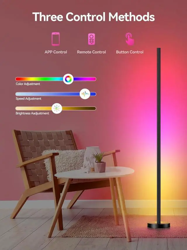 Alt view image 3 of 7 - Smart RGBICW LED Corner Floor Lamp - 16 Million DIY Colors, 68+ Scenes, Music Sync, App & Remote Control, Color-Changing Ambient Lighting for Living Rooms, Bedrooms, and Gaming Rooms