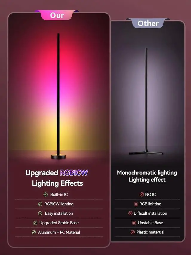 Alt view image 6 of 7 - Smart RGBICW LED Corner Floor Lamp - 16 Million DIY Colors, 68+ Scenes, Music Sync, App & Remote Control, Color-Changing Ambient Lighting for Living Rooms, Bedrooms, and Gaming Rooms