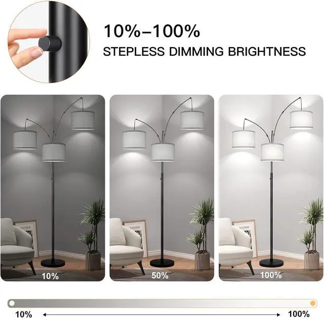 Alt view image 3 of 7 - Dimmable Floor Lamp, 3 Lights Arc Floor Lamps for Living Room, Modern Tall Standing Tree Lamp with Gray Linen Shade & Heavy Base, Large Floor Lamp for Bedroom Office, 3x1000 LM LED Bulbs Included